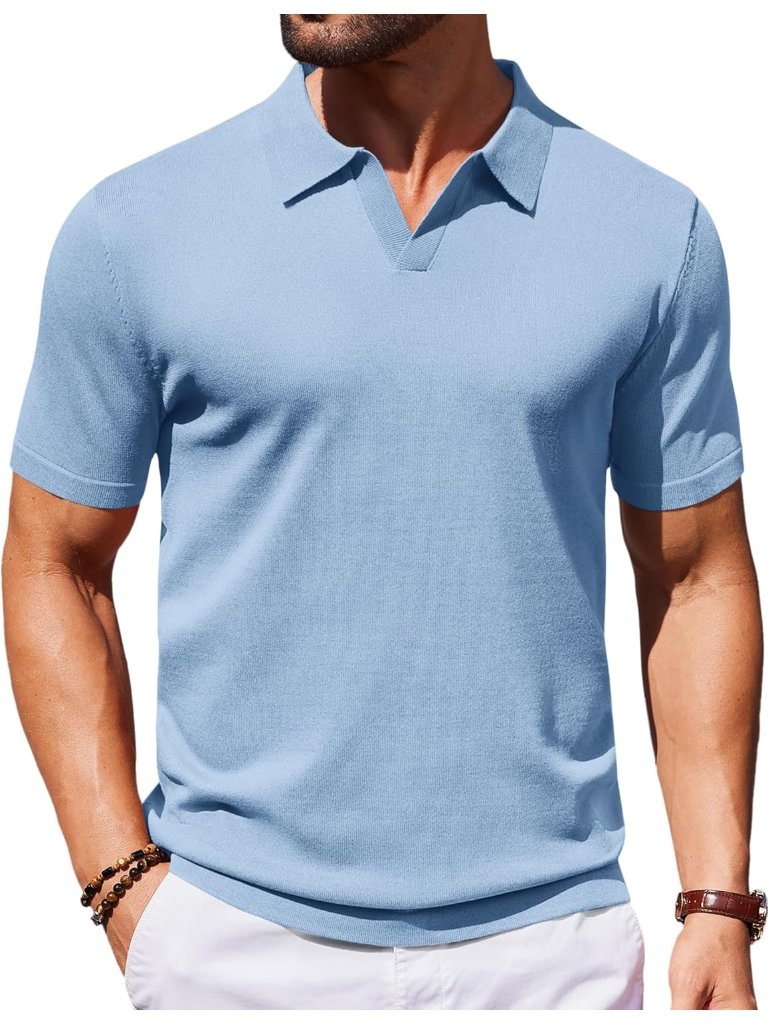 Men's Light Blue 100% Polyester V Neck Short Sleeve Stretch Knit Polo Shirt